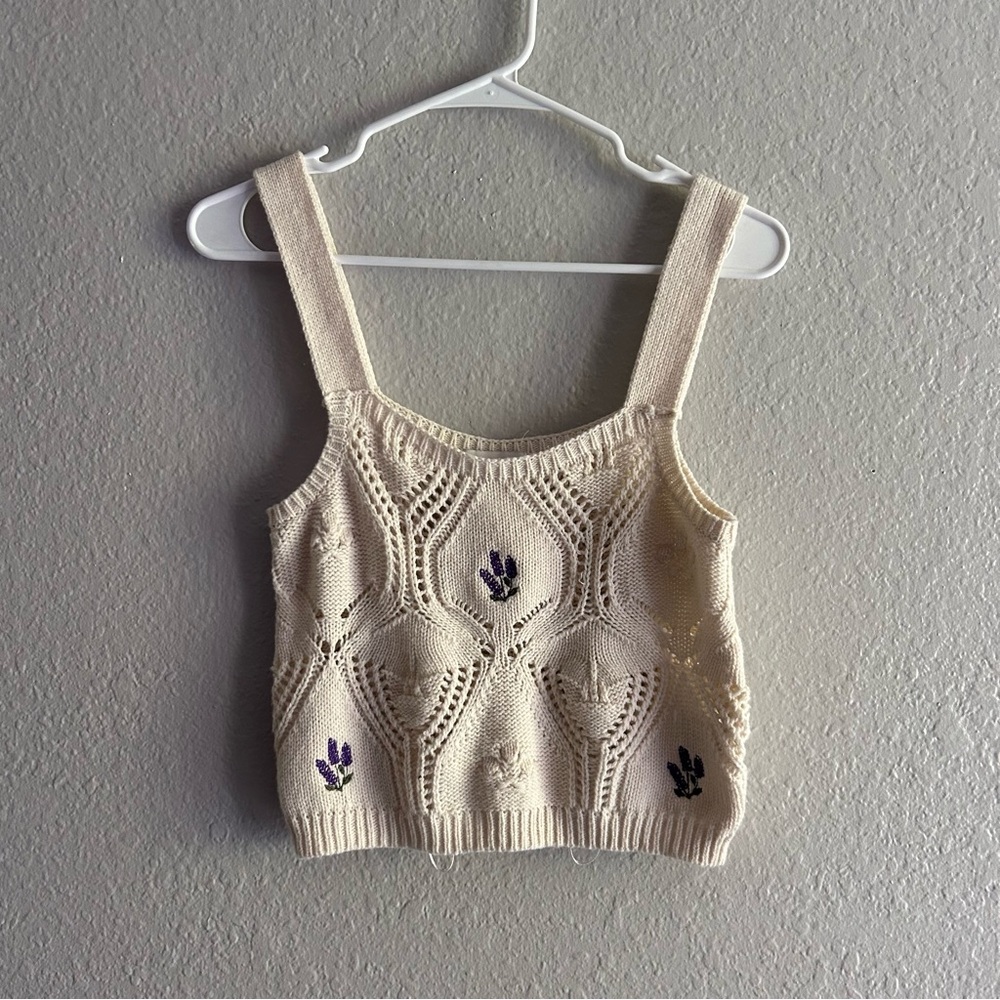 Cream knit tank top with embroidered lavender #lavender #knit